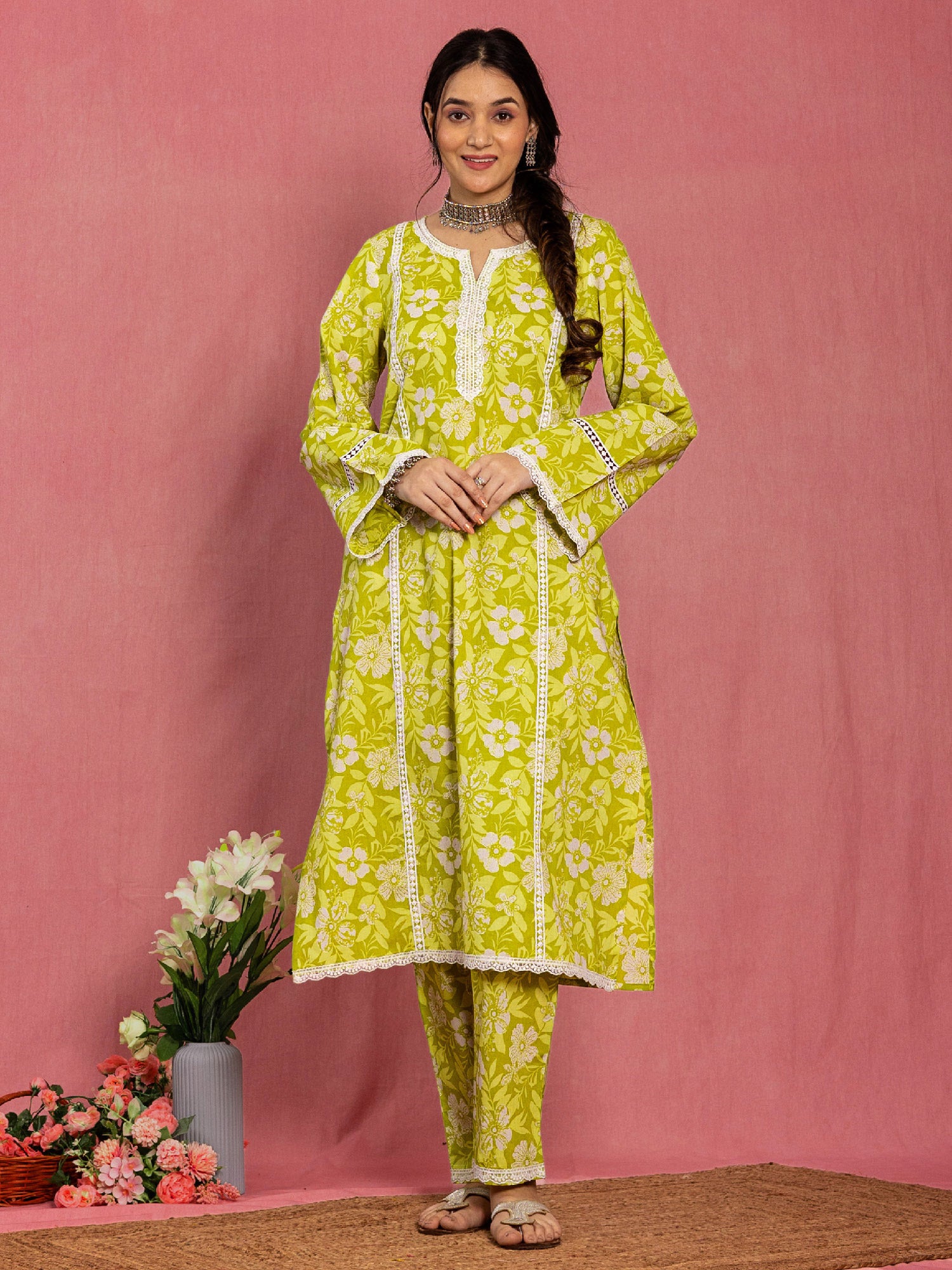 Green Cotton Relaxed Fit A-line Floral Printed Kurta Set